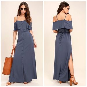 Lulu’s Life’s Wonders Denim Blue Off-the-Shoulder Maxi Dress